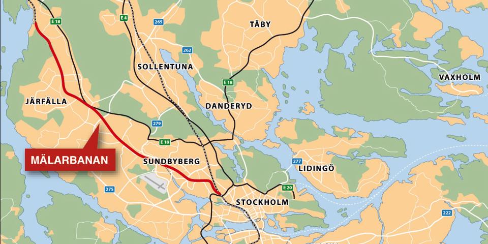 Kartbild över Stockholm med Mälarbanan markerat i rött